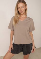 Beżowy T-shirt z Bawełny z Trójkątnym Dekoltem Siliphe. Brązowe t-shirty Born2be, uniwersalny, bez wzorów, z bawełny, biznesowe, bez kołnierzyka, bez ramiączek. Za 79.99 zł.