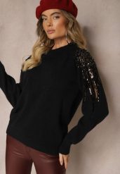 Czarny Sweter Ozdobiony Cekinami Perłami i Cyrkoniami Nevaselle. Czarne swetry Renee, na zimę, bez wzorów, casualowe, bez ramiączek. W wyprzedaży za 111.99 zł.