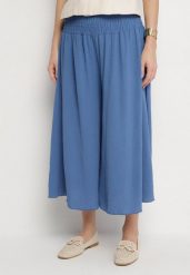 Niebieskie Szerokie Spodnie Kuloty z Wysokim Stanem Ozdobione Marszczeniem Aranaia. Niebieskie jeansy Born2be, l, bez wzorów, z jeansu, eleganckie, z podwyższonym stanem. Za 69.99 zł.