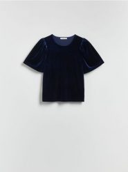 Bluzka z bufiastymi rękawami - granatowy. Niebieskie bluzki Reserved, l, bez wzorów, z dzianiny, bez kołnierzyka, bez ramiączek. Za 59.99 zł.