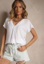 Biała Nietoperzowa Bluzka z Wiskozy Zdobiona Zakładką Paslitia. Białe bluzki Renee, l, z aplikacjami, z jeansu, eleganckie, bez kołnierzyka, bez ramiączek. W wyprzedaży za 51.99 zł.