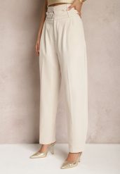 Beżowe Spodnie Garniturowe High Waist z Dwoma Paskami Ismera. Brązowe jeansy Renee, l, bez wzorów, z jeansu, biznesowe, z podwyższonym stanem. W wyprzedaży za 107.99 zł.