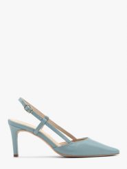 Niebieskie czółenka typu slingback OFELIA. Niebieskie czółenka Ryłko, bez wzorów, ze skóry, bez obcasa, na szpilce, bez zapięcia. W wyprzedaży za 269.99 zł.