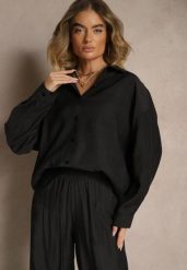 Czarna Koszula Oversize w Klasycznym Stylu z Kieszonką Liozira. Czarne koszule Renee, l, bez wzorów, biznesowe, bez kołnierzyka, bez ramiączek. W wyprzedaży za 83.99 zł.