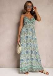 Zielona Sukienka w Stylu Boho na Ramiączkach z Gumką w Talii Felorea. Zielone sukienki Renee, m, bez wzorów, z materiału, boho, bez kołnierzyka, bez ramiączek, maxi. W wyprzedaży za 47.99 zł.