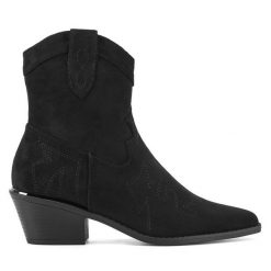 Kowbojki DeeZee. Czarne botki DeeZee, bez wzorów, bez obcasa, na słupku, bez zapięcia. Za 143.99 zł.