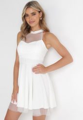 Biała Rozkloszowana Sukienka Mini z Siateczką Philippina. Białe sukienki Born2be, na imprezę, bez wzorów, z tiulu, bez kołnierzyka, bez ramiączek, mini, rozkloszowane. Za 109.99 zł.