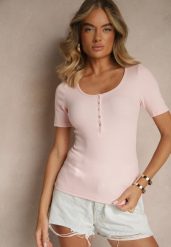 Różowy Bawełniany T-shirt Prążkowany z Guzikami Florvivi. Czerwone t-shirty Renee, m, bez wzorów, z bawełny, bez kołnierzyka, bez ramiączek. W wyprzedaży za 67.99 zł.