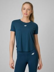 4F Koszulka treningowa regular szybkoschnąca damska - turkusowa L. Niebieskie t-shirty sportowe 4f, l, bez wzorów, ze skóry, bez ramiączek, na fitness i siłownię. Za 129.99 zł.