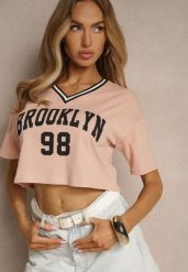 Ciemnoróżowy T-shirt z Bawełny Ozdobiony Napisem Lireline. Czerwone t-shirty Renee, m, bez wzorów, z bawełny, eleganckie, bez kołnierzyka, bez ramiączek. W wyprzedaży za 31.99 zł.