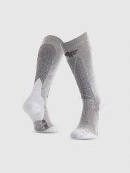4F Skarpety narciarskie z wełną merino damskie - szare 39-42. Szare skarpetki 4f, bez wzorów, prążkowane. Za 99.99 zł.