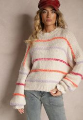 Jasnobeżowy Sweter Obszyty Kolorowymi Nitkami z Wełną Romizelle. Brązowe swetry Renee, z aplikacjami, z jeansu, casualowe, bez ramiączek. W wyprzedaży za 143.99 zł.