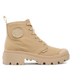 Trapery Palladium. Brązowe traperki Palladium, bez wzorów, bez obcasa, bez zapięcia. Za 369.99 zł.