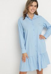 Niebieska Sukienka z Wiskozą o Koszulowym Kroju z Falbanką Penzedi. Niebieskie sukienki Born2be, na co dzień, uniwersalny, bez wzorów, z wiskozy, eleganckie, bez kołnierzyka, bez ramiączek, mini, koszulowe. W wyprzedaży za 72.24 zł.
