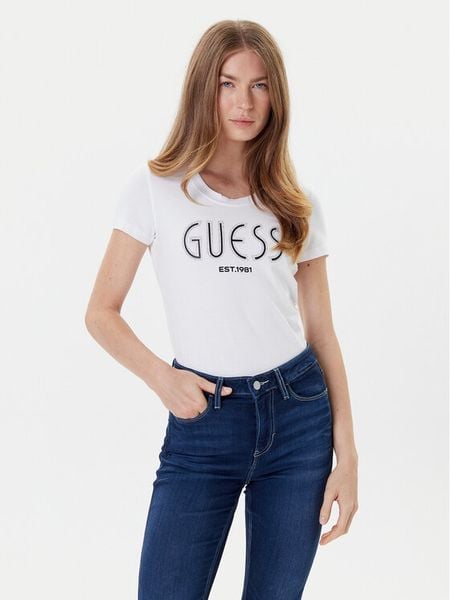 Guess T-Shirt W5YI05 J1314 Biały Regular Fit. Białe t-shirty Guess, xxl, z aplikacjami, z bawełny, bez kołnierzyka, bez ramiączek. Za 99.99 zł.