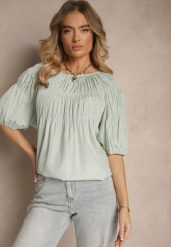 Miętowa Bluzka z Wiskozą o Fasonie Oversize z Gumkami w Ramionach Alirona. Niebieskie bluzki Renee, bez wzorów, z wiskozy, eleganckie, bez kołnierzyka, bez ramiączek. W wyprzedaży za 43.99 zł.