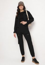 Czarny Komplet Dresowy Bluza Rozpinana i Spodnie Slim w Stylu Utility Telavienna. Czarne bluzy Born2be, m, bez wzorów, z dresówki, eleganckie, bez ramiączek, bez kaptura. W wyprzedaży za 84.99 zł.