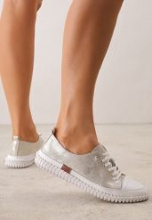 Złote Tenisówki ze Skóry Naturalnej z Metalicznym Połyskiem Lamisa. Żółte trampki Born2be, bez wzorów, z dzianiny, biznesowe, bez zapięcia. Za 199.99 zł.