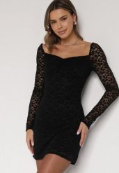Czarna Koronkowa Sukienka o Dopasowanym Kroju z Kwadratowym Dekoltem Tiwedesa. Czarne sukienki Born2be, na imprezę, l, bez wzorów, z koronki, eleganckie, bez kołnierzyka, bez ramiączek, dopasowane. Za 149.99 zł.