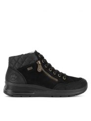 Rieker Botki L7701-00 Czarny. Czarne botki Rieker, bez wzorów, bez obcasa, na płaskiej podeszwie, bez zapięcia. Za 389.99 zł.