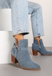 Niebieskie Botki Kowbojki Vices na Słupku z Klamrą Falfedi. Niebieskie botki Renee, bez wzorów, z jeansu, bez obcasa, na obcasie, bez zapięcia. W wyprzedaży za 127.49 zł.