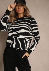 Czarny Klasyczny Sweter w Zebrę Unarella. Czarne swetry Renee, l, bez wzorów, casualowe, bez ramiączek. Za 79.99 zł.