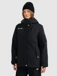 4F Kurtka snowboardowa membrana 15000 damska - czarna L. Czarne kurtki narciarskie 4f, na zimę, l, bez wzorów, z materiału, bez kaptura, narciarskie. Za 699.99 zł.