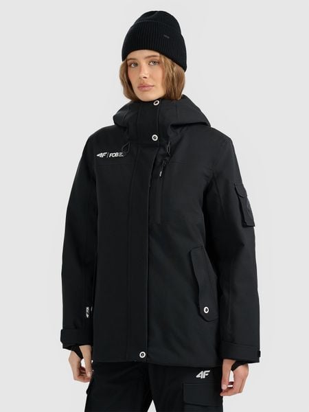 4F Kurtka snowboardowa membrana 15000 damska - czarna L. Czarne kurtki narciarskie 4f, na zimę, l, bez wzorów, z materiału, bez kaptura, narciarskie. Za 699.99 zł.