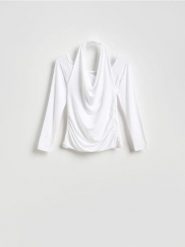 Bluzka z ozdobnym dekoltem - złamana biel. Bluzki Reserved, l, bez wzorów, z dzianiny, bez kołnierzyka, bez ramiączek. Za 89.99 zł.