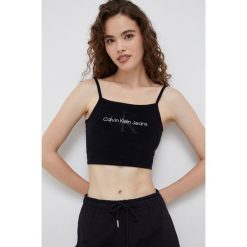 Calvin Klein Jeans top damski kolor czarny. Czarne topy Calvin Klein Jeans, l, z aplikacjami, z dzianiny, bez kołnierzyka, bez ramiączek. Za 179.99 zł.