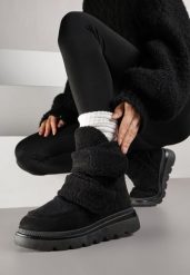 Czarne Botki Typu Śniegowce na Platformie z Dwoma Ozdobnymi Rzepami Edarlia. Czarne botki Renee, bez wzorów, z jeansu, eleganckie, bez obcasa, na platformie, bez zapięcia. Za 129.99 zł.