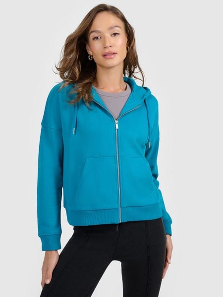 4F Bluza dresowa rozpinana z kapturem damska - turkusowa L. Niebieskie bluzy 4f, l, bez wzorów, z bawełny, z kapturem, trekkingowe. Za 169.99 zł.