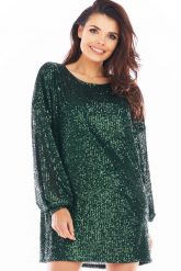Luźna Mini Sukienka w Stylu Glamour - Zielona. Zielone sukienki Awama, l, bez wzorów, z materiału, glamour, bez kołnierzyka, bez ramiączek, mini. Za 419.90 zł.