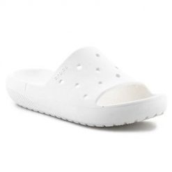 Klapki unisex Crocs Classic Slide V2. Białe klapki Crocs, bez wzorów, z materiału, bez obcasa, bez zapięcia. Za 152.00 zł.
