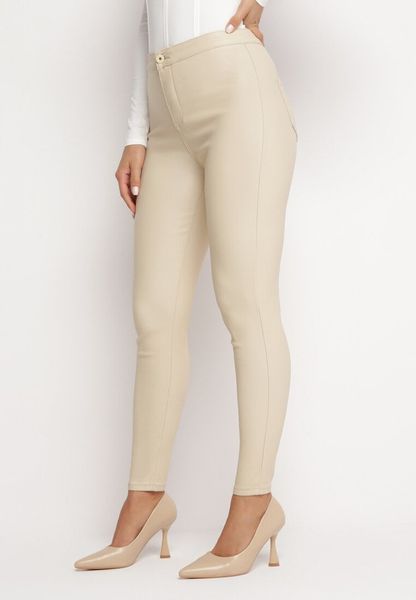 Jasnobeżowe Spodnie Skinny z Imitacji Skóry Stana. Brązowe jeansy Born2be, l, bez wzorów, z jeansu, z podwyższonym stanem. Za 84.99 zł.