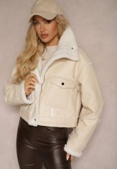 Jasnobeżowa Kurtka Typu Biker o Krótkim Kroju z Kołnierzem i Kieszeniami Naonellea. Brązowe kurtki Renee, l, bez wzorów, z jeansu, eleganckie, bez kaptura. W wyprzedaży za 174.99 zł.