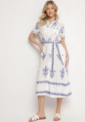 Biała Wiskozowa Sukienka Koszulowa z Haftowanym Wzorem i Paskiem Divalis. Białe sukienki Born2be, na co dzień, l, bez wzorów, z wiskozy, eleganckie, bez kołnierzyka, bez ramiączek, midi, koszulowe. W wyprzedaży za 127.49 zł.