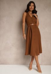 Brązowa Rozkloszowana Sukienka z Guzikami Folunira. Brązowe sukienki Renee, m, bez wzorów, eleganckie, bez kołnierzyka, bez ramiączek, midi, rozkloszowane. W wyprzedaży za 107.99 zł.