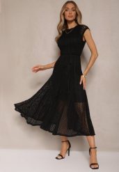 Czarna Ażurowa Sukienka o Rozkloszowanym Kroju Ozdobiona Paskiem Galorena. Czarne sukienki Renee, na spotkanie biznesowe, l, w ażurowe wzory, z materiału, eleganckie, bez kołnierzyka, bez ramiączek, midi, rozkloszowane. W wyprzedaży za 183.99 zł.
