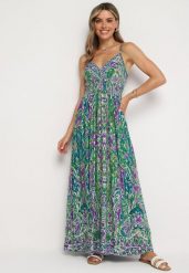 Zielono-Granatowa Wiskozowa Sukienka w Stylu Boho na Regulowanych Ramiączkach z Dekoltem w Serek Xalflea. Zielone sukienki Born2be, s, bez wzorów, z materiału, boho, bez kołnierzyka, bez ramiączek, maxi. W wyprzedaży za 55.24 zł.