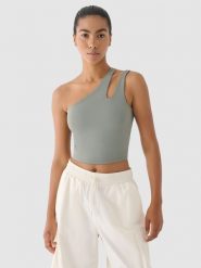 4F Crop top treningowy na jedno ramię 4F x Anna Lewandowska - khaki L. Brązowe topy sportowe 4f, l, bez wzorów, z dzianiny, na fitness i siłownię. Za 129.99 zł.