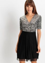 Sukienka mini z cekinami. Szare sukienki bonprix, bez wzorów, bez kołnierzyka, bez ramiączek, mini. Za 189.99 zł.