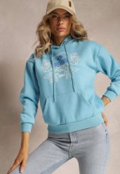 Jasnoniebieska Modna Bluza z Nadrukiem i Kapturem Ozdobiona Nadrukiem Arinalu. Niebieskie bluzy Renee, l, bez wzorów, z polaru, casualowe, bez ramiączek. W wyprzedaży za 71.99 zł.