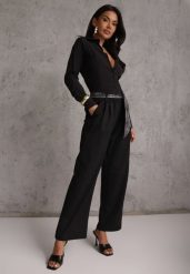 Czarne Bawełniano-Wiskozowe Spodnie Wide Leg z Paskiem Typu Apaszka Arlethia. Czarne jeansy Renee, l, bez wzorów, z bawełny, eleganckie. Za 79.99 zł.