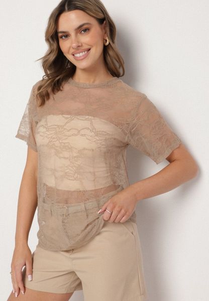 Beżowa Koronkowa Bluzka Prześwitująca z Wiskozą Liosaine. Brązowe bluzki Born2be, uniwersalny, bez wzorów, z jeansu, bez kołnierzyka, bez ramiączek. Za 69.99 zł.