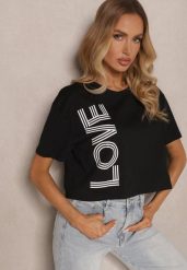 Czarny T-shirt z Bawełny o Krótkim Kroju Ozdobiony Napisem Sannovia. Czarne t-shirty Renee, m, bez wzorów, z bawełny, klasyczne, bez kołnierzyka, bez ramiączek. W wyprzedaży za 35.99 zł.