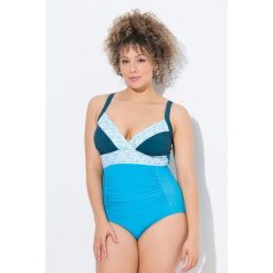 Damski Strój kąpielowy naszywki miękkie miseczki z recyklingu. Niebieskie stroje jednoczęściowe Ulla Popken, z aplikacjami, z elastanu, sportowe. Za 239.99 zł.