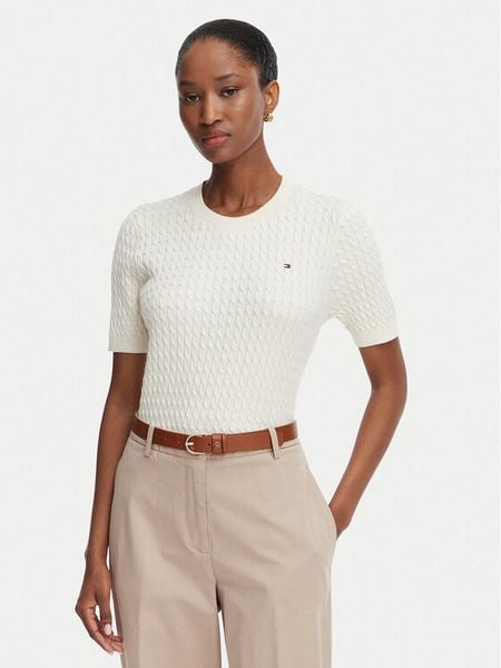 Tommy Hilfiger Sweter Cable Fine WW0WW41787 Kremowy Regular Fit. Białe swetry Tommy Hilfiger, xs, bez wzorów, z bawełny, bez ramiączek. Za 489.99 zł.