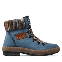 Botki Rieker. Niebieskie botki Rieker, bez wzorów, bez obcasa, na płaskiej podeszwie, bez zapięcia. Za 219.99 zł.