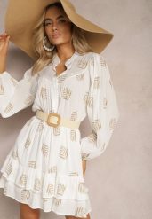 Biała Sukienka Mini w Liście o Rozkloszowanym Kroju z Falbanką Lairee. Białe sukienki Renee, l, bez wzorów, bez kołnierzyka, bez ramiączek, mini, rozkloszowane. W wyprzedaży za 127.99 zł.